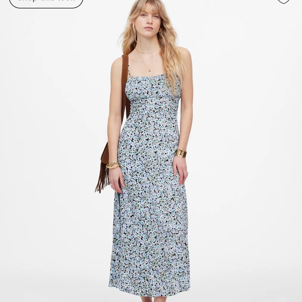 Madewell Blue and White Ruched Bustier Midi Sundress